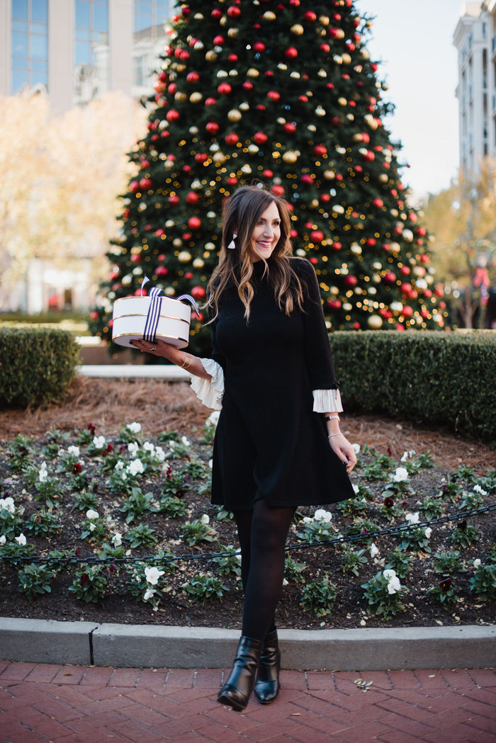 What to wear to Christmas or Christmas Eve services. This cute and conservative bell sleeve dress is perfect for nearly any Holiday occassion