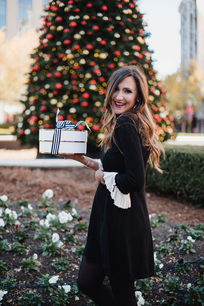 What to wear to Christmas or Christmas Eve services. This cute and conservative bell sleeve dress is perfect for nearly any Holiday occassion