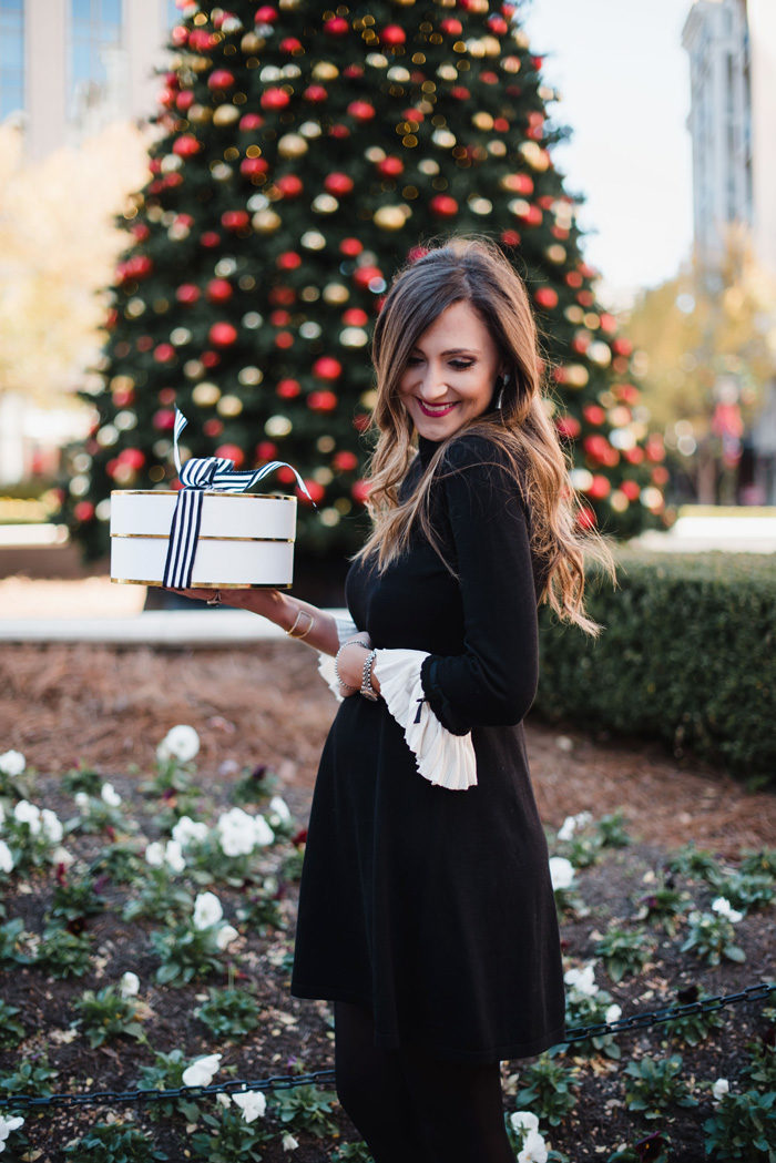 What to wear to Christmas or Christmas Eve services. This cute and conservative bell sleeve dress is perfect for nearly any Holiday occassion
