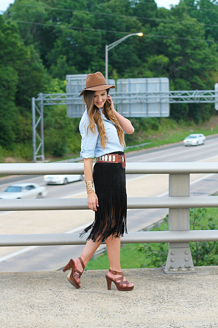 faux suede and Fringe Skirt, Boho, Felt Hat, Chambray, Suede