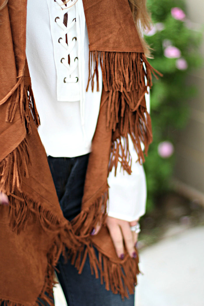Fringe vest, flare denim, 70's, boho, chic, trend, Fall Trend, Vestique