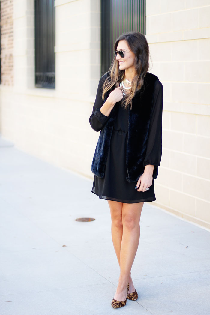 little black dress, fur vest, kendra scott, leopard heels