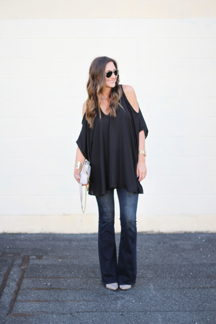 Date night top, show me your mu mu, cold shoulder top, flare denim