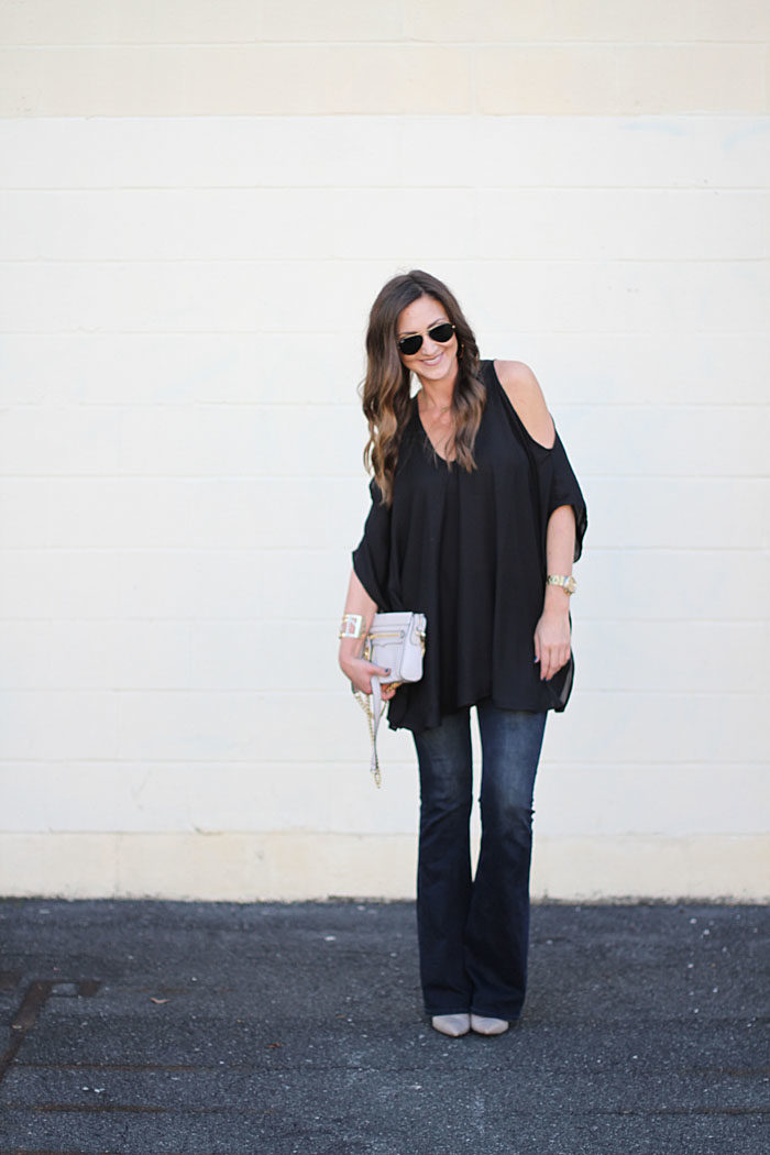 Date night top, show me your mu mu, cold shoulder top, flare denim