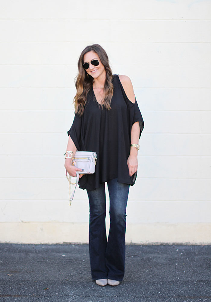 Date night top, show me your mu mu, cold shoulder top, flare denim