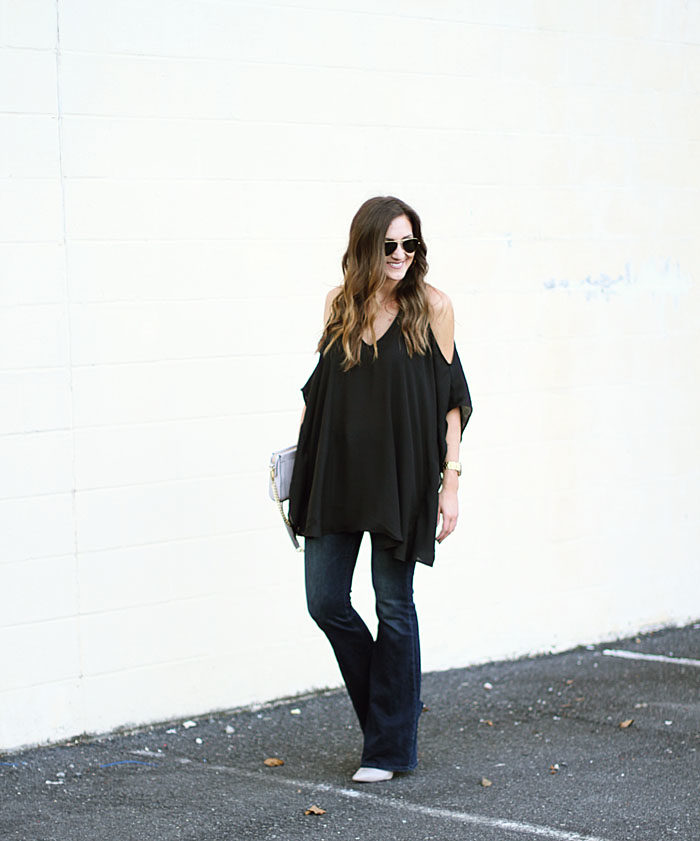 Date night top, show me your mu mu, cold shoulder top, flare denim
