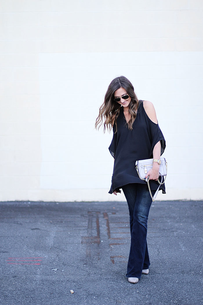 Date night top, show me your mu mu, cold shoulder top, flare denim