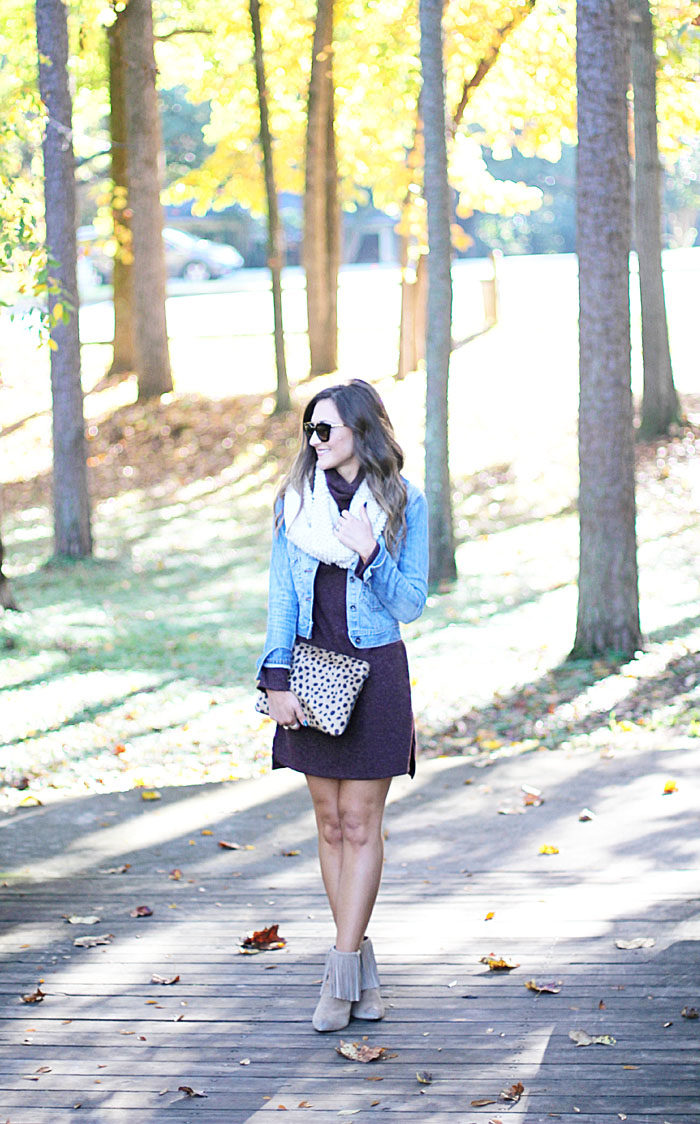 wayf dress, sweater dress, denim jacket, chunky scarf, fringe Booties