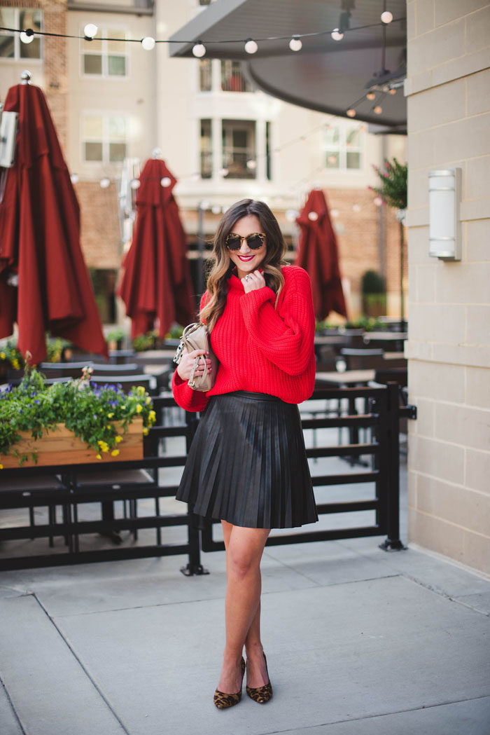 Red Sweater, Valentines Day Outfit, Leather Skirt, Leopard Heels
