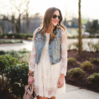 lace dress, denim vest, rebecca Minkoff, romantic, lace