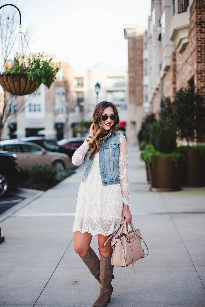 lace dress, denim vest, rebecca Minkoff, romantic, lace