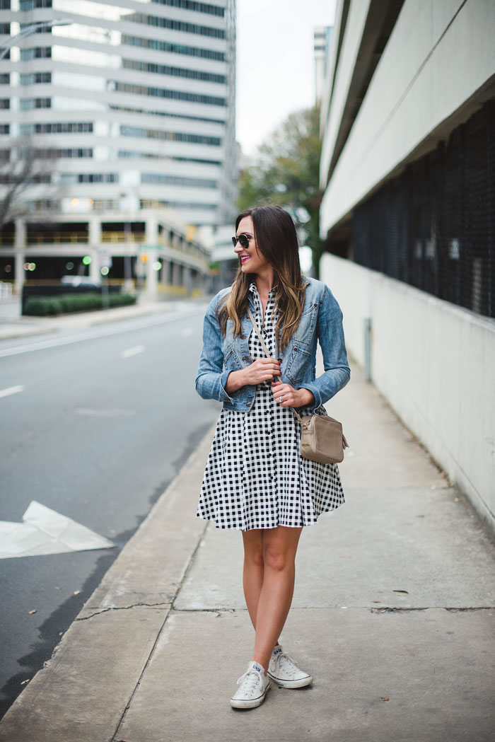 CECE Cynthia Steffe Dress, Gingham Dress, Blogger, Converse, Sam Edelman heels