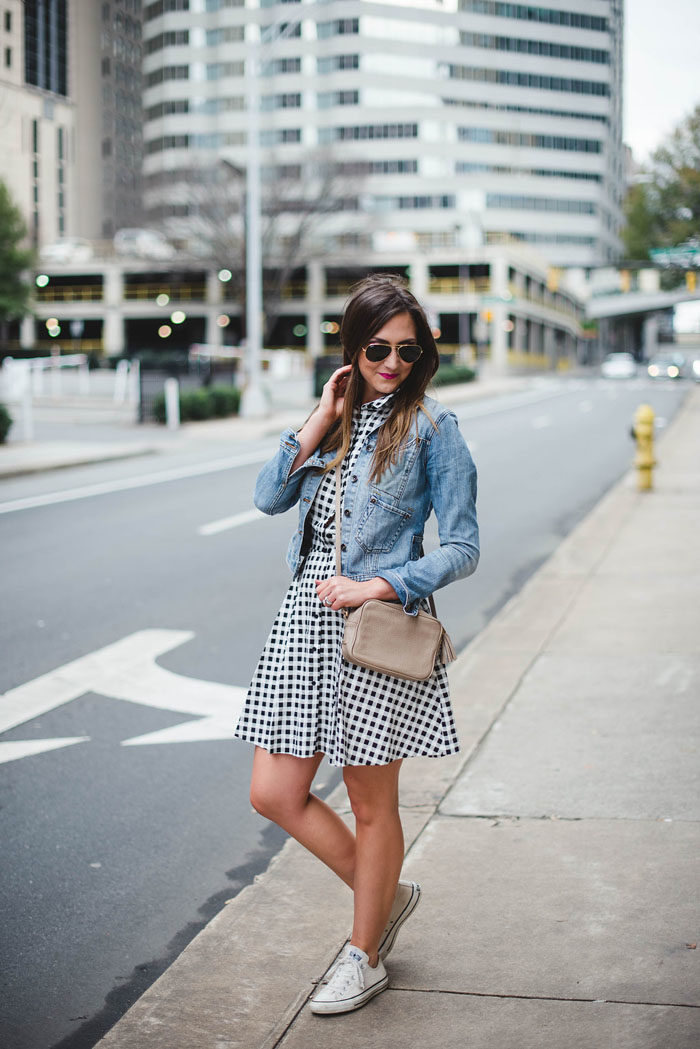 CECE Cynthia Steffe Dress, Gingham Dress, Blogger, Converse, Sam Edelman heels