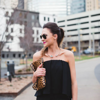 black jumpsuit, wayf, spring wedding, leopard clutch