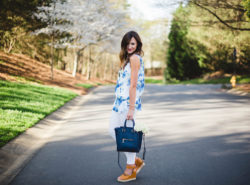 This fun floral top, navy cross body and trendy wedges from Charming Charlie make for a great Spring outfit.
