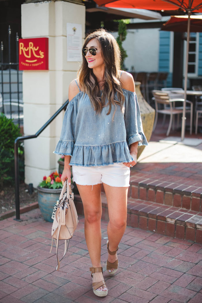 chambray cold shoulder top with white denim shorts