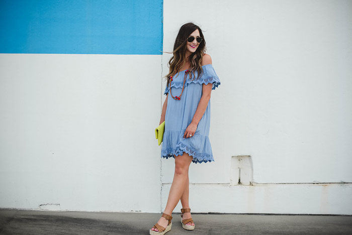 baby blue of the shoulder dress with flatforms