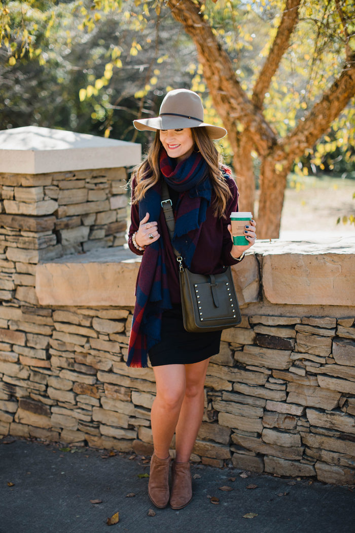 Blogger Mallory Fitzsimmons of Style Your Senses wears a black body con dress with a large blanket scarf , felt hat and cross body Rebecca Minkoff bag for a transitional Fall outfit