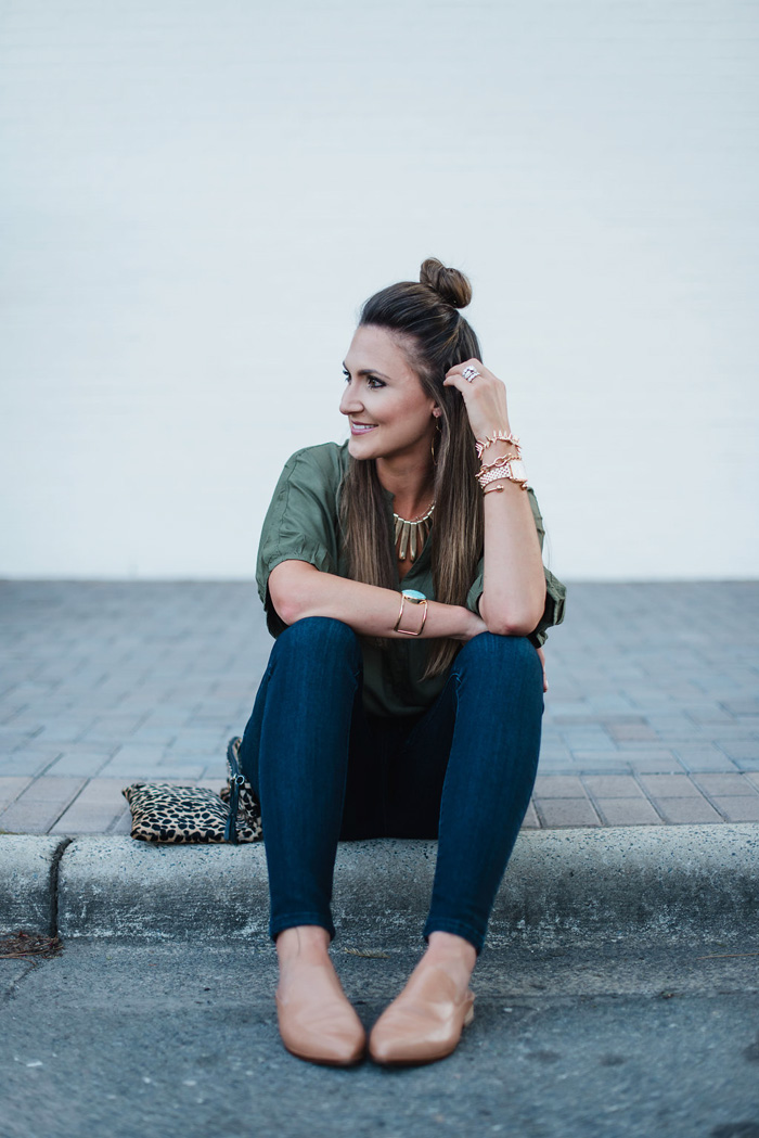 Fall Transition Outfit | green anthropologie top with these amazing and flattering skinny jeans