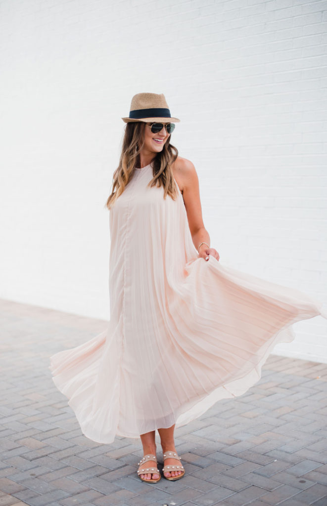 Beautiful pleated maxi dress styled 3 ways by blogger Mallory Fitzsimmons of Style Your Senses