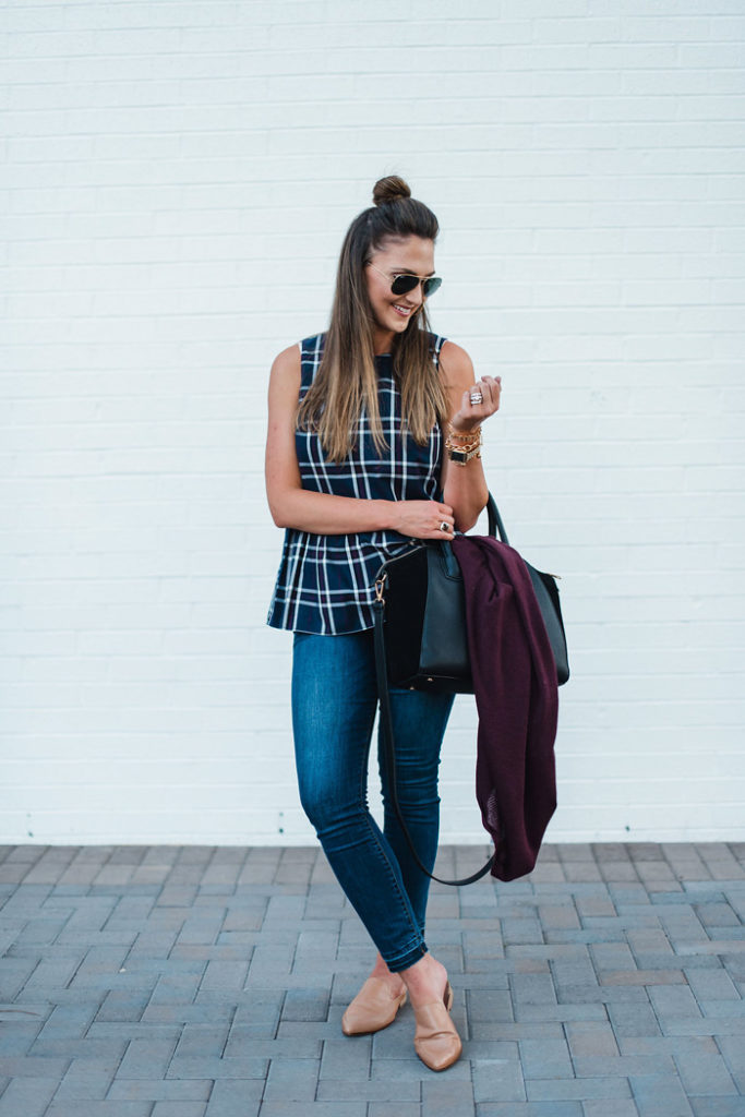 Plaid peplum top with a long cardigan, skinny jeans and tan mules for a fun Fall transition outfit. 
