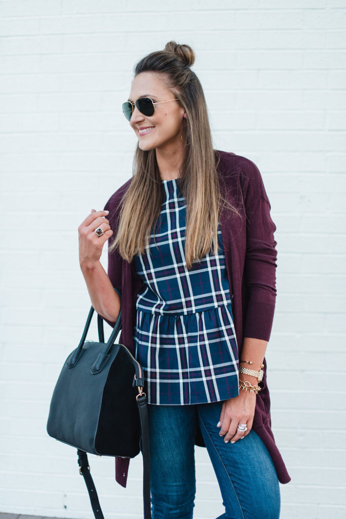 Plaid peplum top with a long cardigan, skinny jeans and tan mules for a fun Fall transition outfit. 