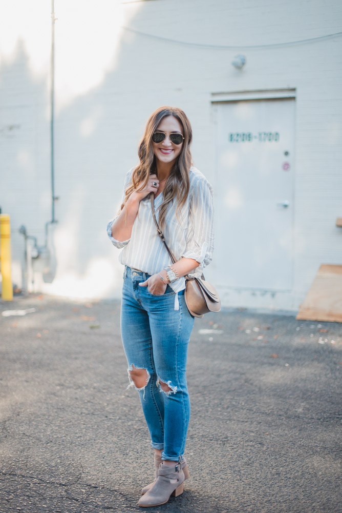 Spring transition style with a breezy button down, busted knee Levi's and sole society accessories