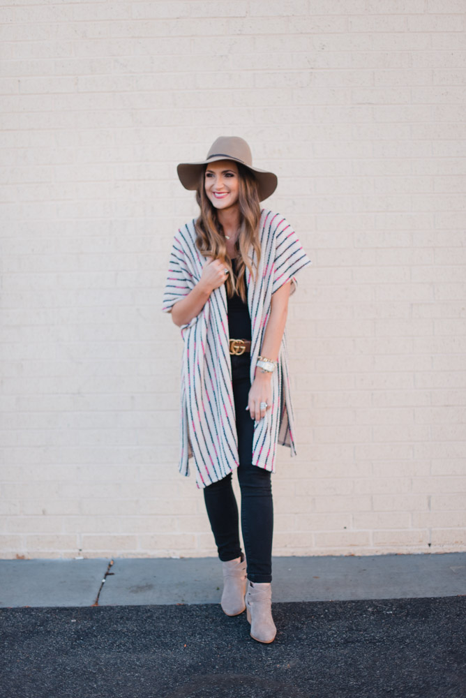 Spring Transition outfit with long poncho and gucci belt