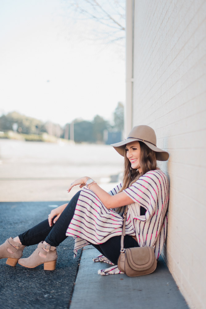 Spring Transition outfit with long poncho and gucci belt