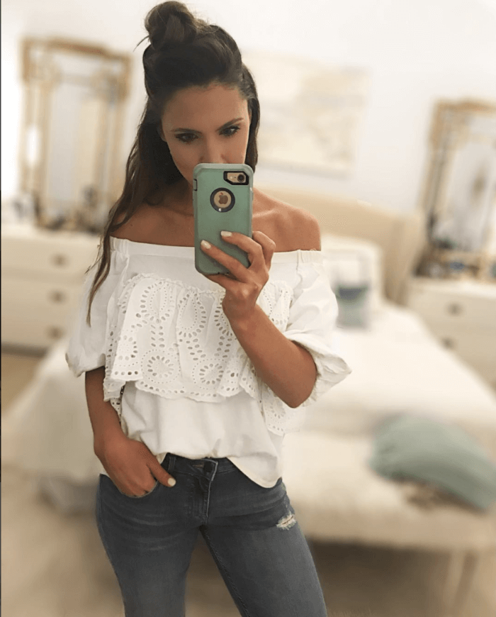 off the shoulder eyelet top